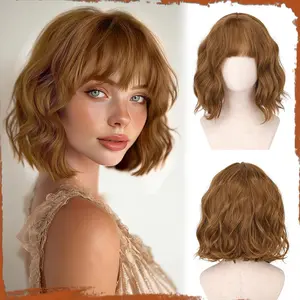Short Wavy Auburn Wig - 12 Inch Dark Ginger Bob Wig with Bangs for Women Curly Shoulder Length Bob Wig with Bangs Soft Synthetic Hair Wigs for Girls Daily Party Use