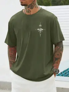 Men's Vintage Compass Pattern T-Shirt, Loose Fit Round Neck Casual Style Short Sleeve Tee, Retro Design for Daily Wear