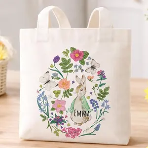 Personalized Easter Bunny Tote Bag, Custom Name Rabbit Canvas Tote, Floral Spring Kids Tote Bag, Cute Bunny Gift, Easter Basket Tote, Kids Canvas Bag