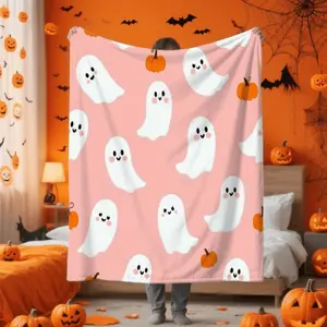 Ultra-Soft Flannel Throw Blanket - Pastel Pink with Cute Ghosts & Pumpkins, Lightweight All-Season Couch Bedspread - Machine Washable Large (30x40 & 60x80 Inch) - Cozy Gift for Halloween, Christmas, Home, Dorm - Pink & White Patte