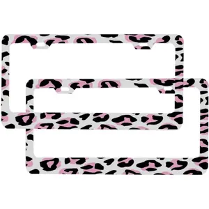 Car Licenses Plate Holders Bright Leopard Pink Black White Cheetah Tattoo Art Free Universal Aluminum License Plate Frame (2 Pieces) ﻿