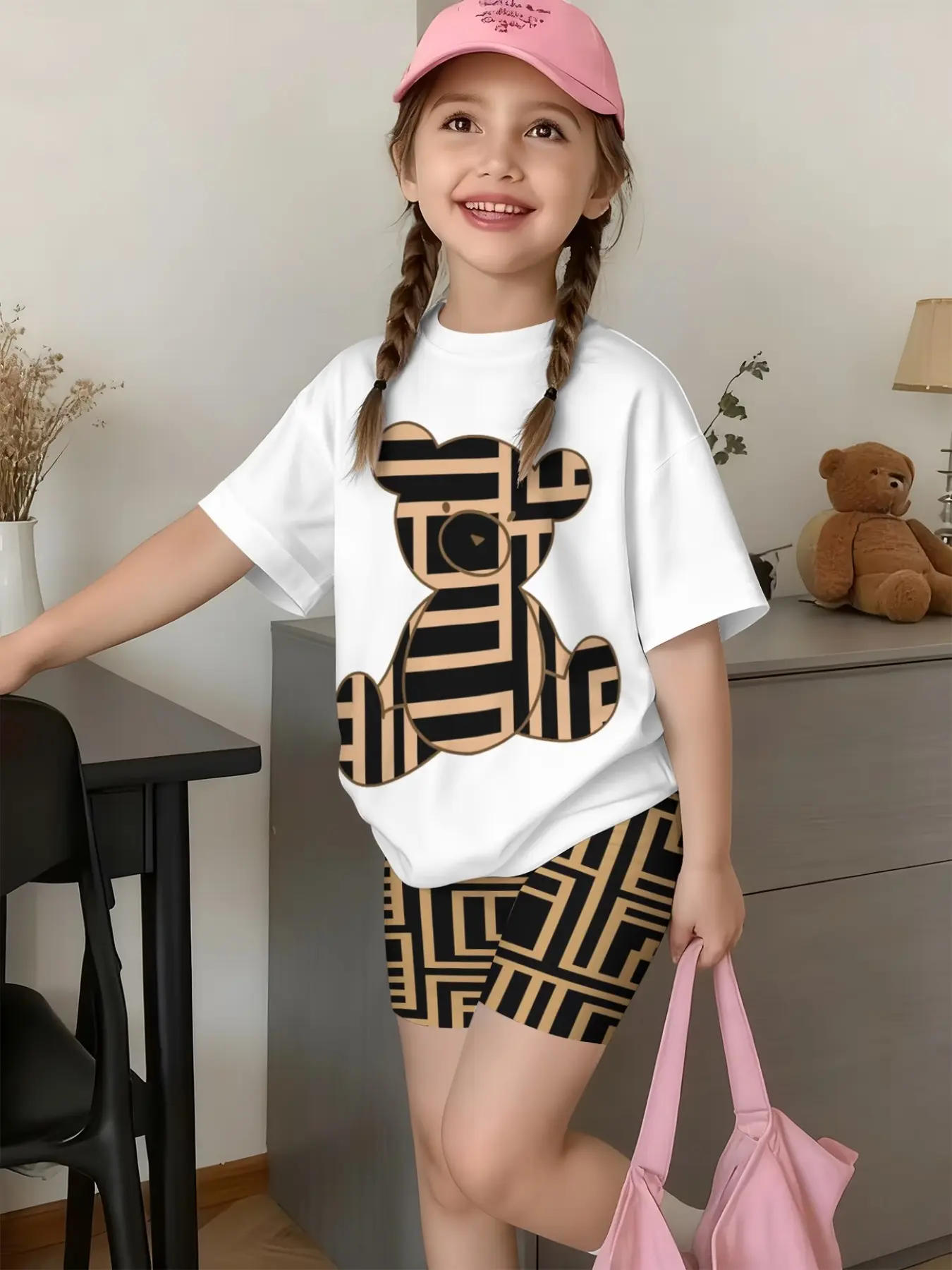 Fashion T-Shirt and Shorts Set, Girls' Casual Sport Two-Piece, Summer New Korean Style Kids Clothing, Graphic Print Set, Matching Outfit Set, Summer Outfits Set, Tee Set, Summer Clothes Set