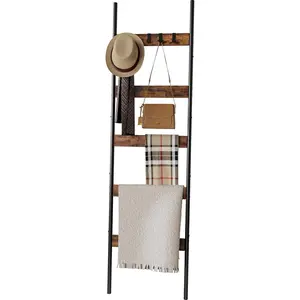 5-Tier Blanket Ladder Wooden Towel Holder with 4 Removable Hooks Farmhouse Decorative Quilt Rack for Living Room Bedroom Rustic Brown