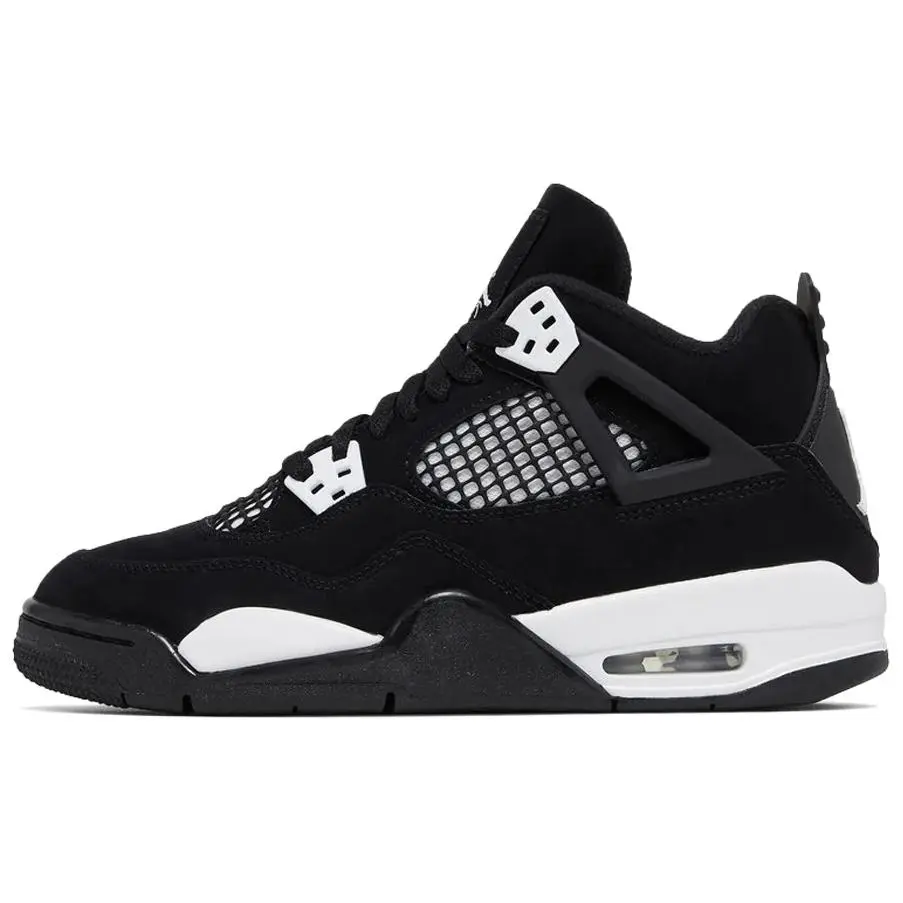 Jordan 4 Retro White Thunder Durable Non-slip Mid Top Basketball Shoes Kids'' Black FQ8213-001