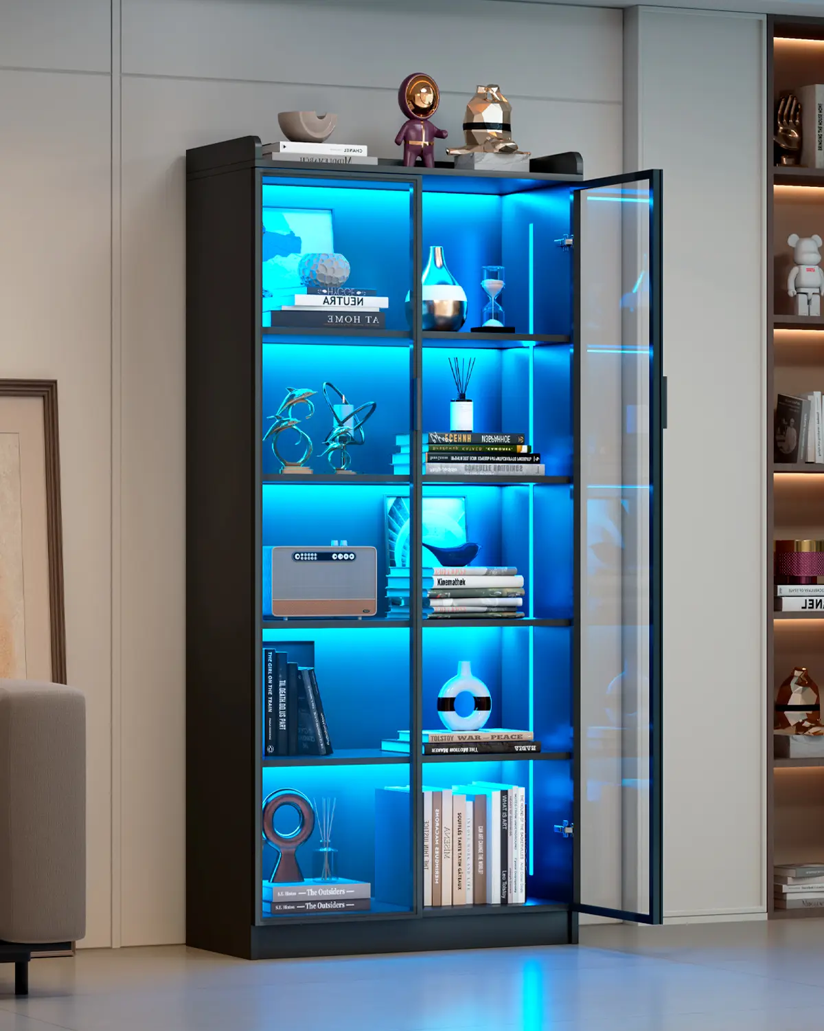 65" Tall 5-Tier Display Cabinet with Doors and Adjustable Shelves | Curio Case Bookcase for Collectibles & Models, Motion Sensor LED Lights for Bedroom Living Room Office, Black