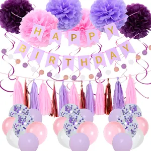 Purple Pink Birthday Party Decorations Set, Blue Silver Rose Gold Birthday Party Decoration with Foil Curtain, Birthday Balloons, Heart Shaped Balloons, Metallic Latex Balloon Confetti Balloons, Boyfriend's gift, Summer Home Decor Baby Shower