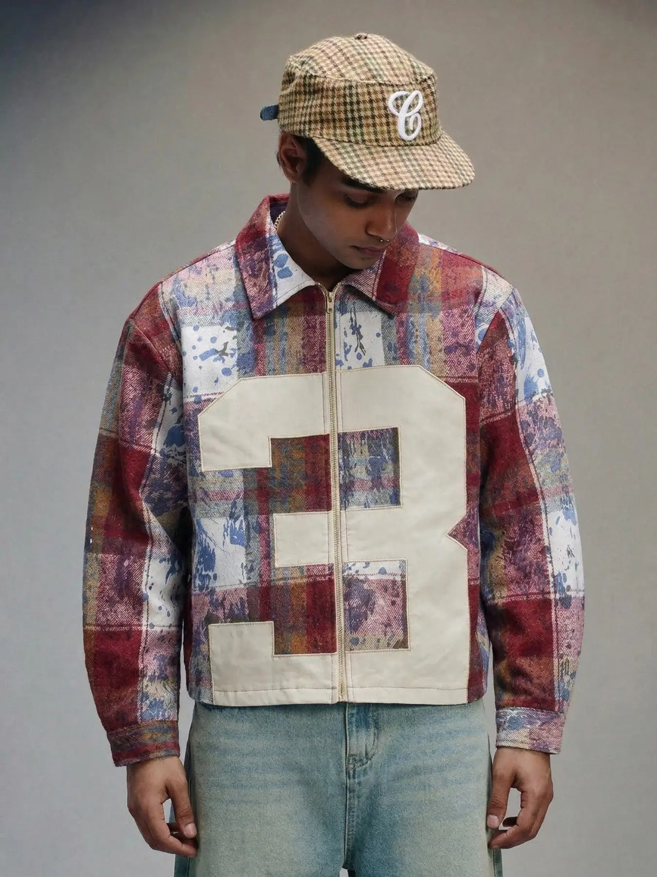 Men's Y2K Plaid Varsity Jacket Casual Fashion Jacket | Lightweight Breathable Polyester, "Number 3" Patchwork Print, Trendy Streetwear, Paint Splatter Detail, Ideal for Fall, Daily Wear, Urban Outings & Edgy Street Style