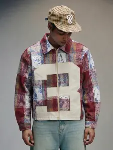Men's Y2K Plaid Varsity Jacket Casual Fashion Jacket | Lightweight Breathable Polyester, "Number 3" Patchwork Print, Trendy Streetwear, Paint Splatter Detail, Ideal for Fall, Daily Wear, Urban Outings & Edgy Street Style