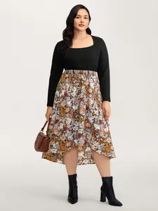 BLOOMCHIC Lady's Soft Lengthened Casual Dress - Women's Polyester Extra-Long Sleeve Smooth Fabric Midi, Floral Print, Slim Fit, Black, Pocket, Swimweek Style