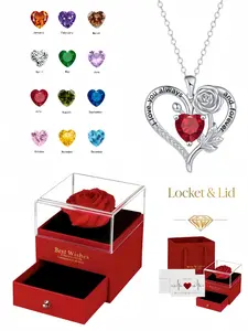 Eternal Rose Vow Dopamine 12 birthstone heart rose necklace engraved with "I Love You Forever", inlaid with brilliant sparkling gems. Paired with red preserved rose gift box. Perfect gifts for birthdays, Mother's Day and Valentine's Day.