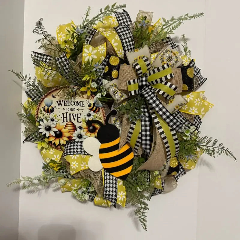 Handmade Bee-Themed Wreath with Welcome to Our Hive Sign and Black & White Checkered Ribbon Decorations