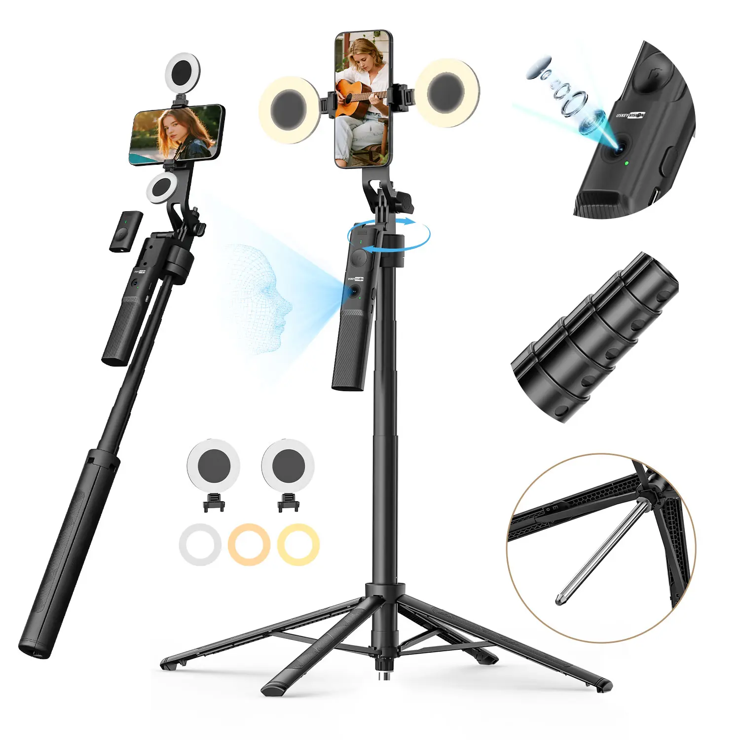 USKEYVISION Plastic Smart Face Tracking Tripod (New Version) - 70in Extendable Smartphone Selfie Stick, Dual Ring Fill Lights, Remote, Cellphone Tripod for iPhone, Vlog Live Stream Mobile Accessory (R01 Combo1)