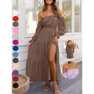 2026 Women's Sexy Off Shoulder Long Sleeve Smoked High Waist Side Blossoming A-line Layered Long DressRAIMENTRY