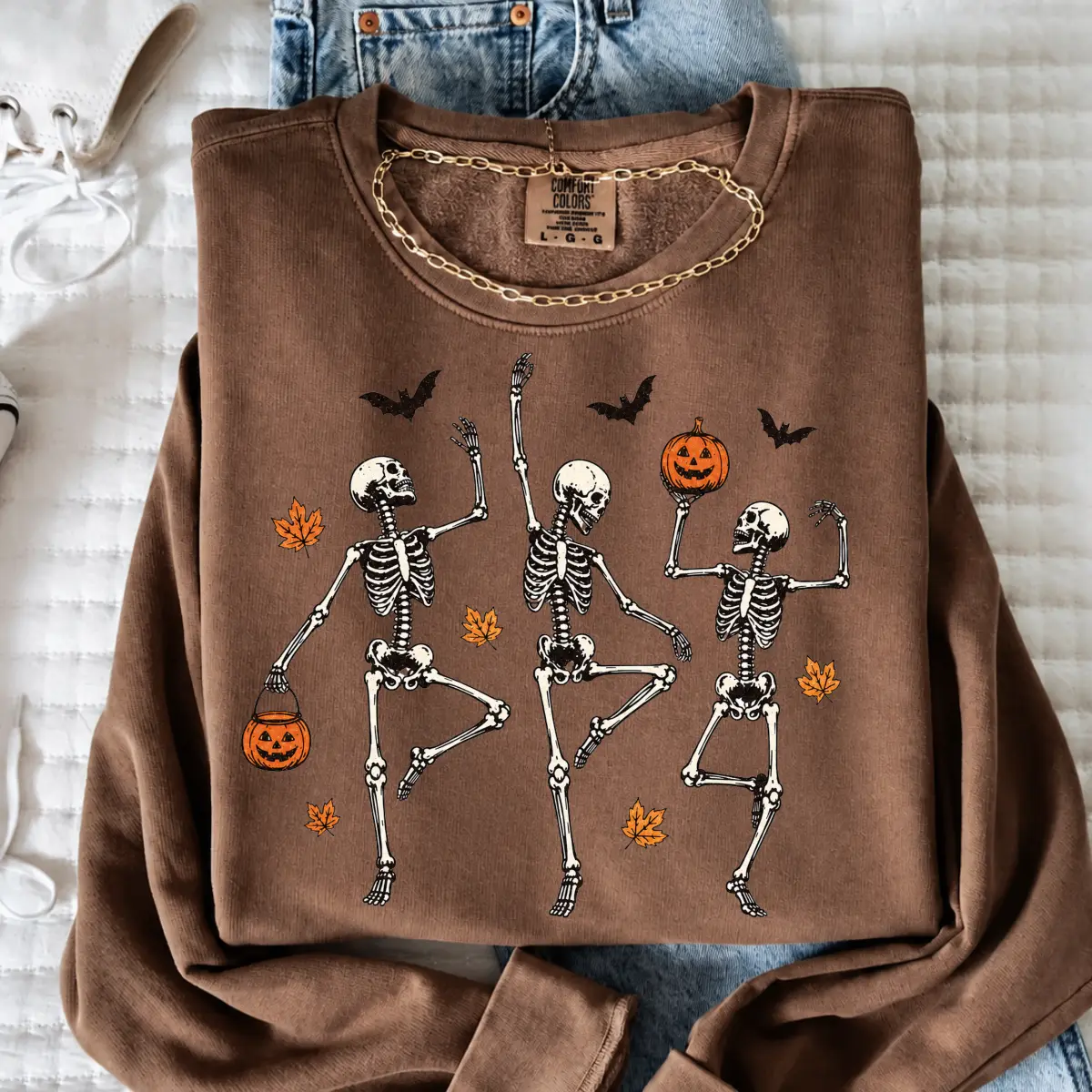 Comfort Colors Dancing Skeleton Halloween Sweatshirt, Spooky Season Vintage Pumpkin Tee, Retro Funny Halloween T-Shirt, Autumn Fall Leaves Apparel