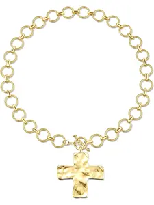Chunky Gold Necklace for Women Sweatproof, Non Tarnish Chunky Cross Necklaces Thick Gold Layering Hammered Bold Necklace Stacks Toggle Necklaces for Women, Trendy Jewelry