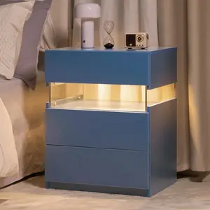 LED Nightstands Acrylic Board LED Bedside Tables for Bedroom End Table with 3 Drawer Dresser for Bedroom Living Room Bedside Furniture Blue