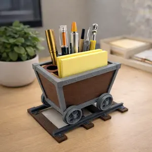3D Printed Minecart Desk Organizer – Retro Gamer Decor & Stationery Holder – Unique Desktop Mine Cart Rail Display