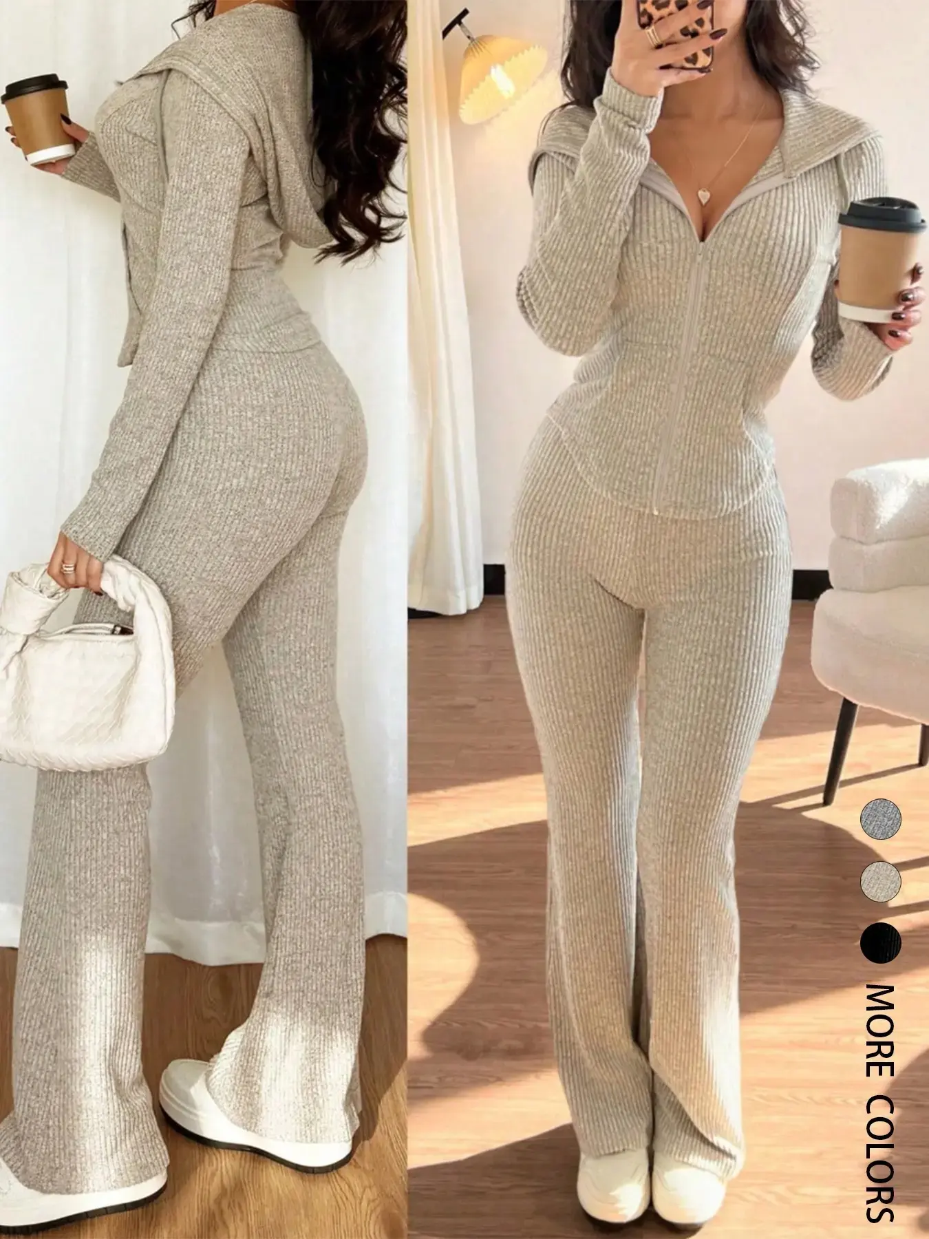 Women's Fleece Lined Hooded Sweatshirt Set, Ribbed Casual Long Sleeve Pullover & Flare Leg Pants, Fall & Winter Fashion Outfit Womenswear