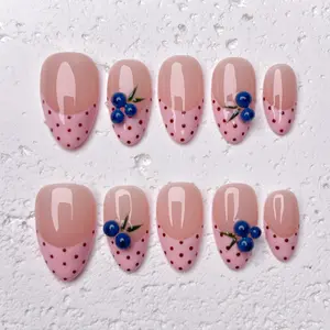 [BlueBerry] Short Almond Handmade Press on Nails, Fake Nails with Nail tool kit with Jelly Stickers, Reusable, Durable