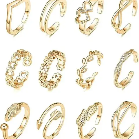 Toe Rings for Women 12-Piece Adjustable 14K Gold-Filled Set - Copper Base, Lightweight, Open Back Bands with Heart Arrow Infinity Flower CZ Styles for Beach, Summer, Everyday & Gifts