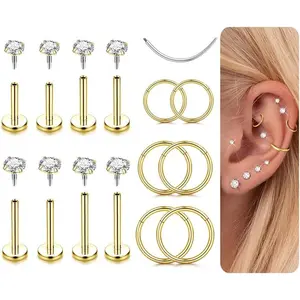 MILACOLATO 14K Plated Gold Cartilage Earrings Set - 18G 16G Flat Back Earrings Hypoallergenic Surgical Steel Nose Studs Hoops Internal Thread CZ Studs for Cartilage Conch Tragus Helix Piercing Jewelry