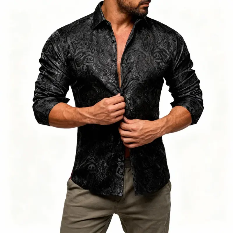AILISUS Men's 2PC Summer Paisley Jacquard Wrinkle Free Shirts Long