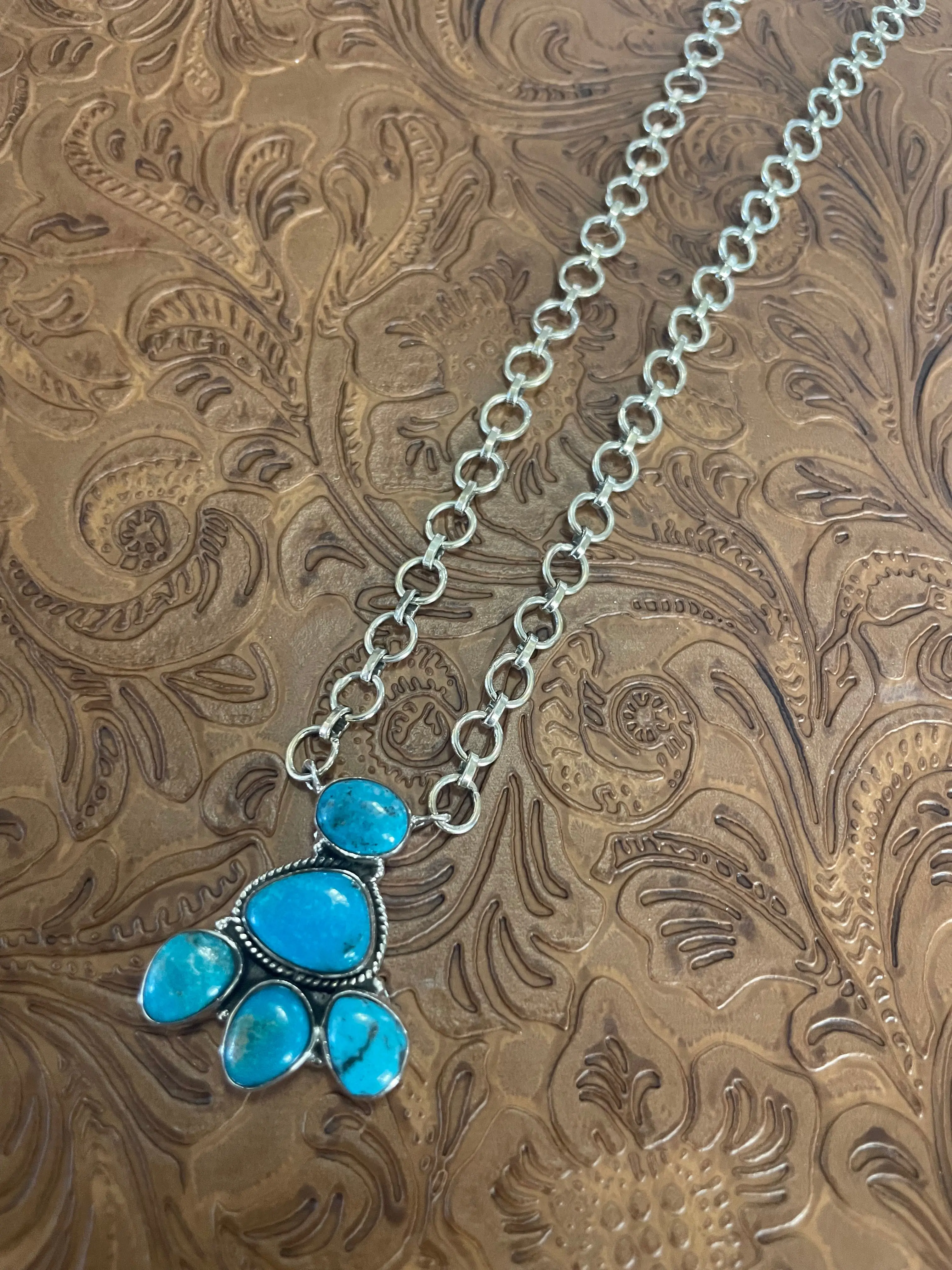 Handmade Sterling Silver & Turquoise Cluster Necklace Signed Nizhoni •30