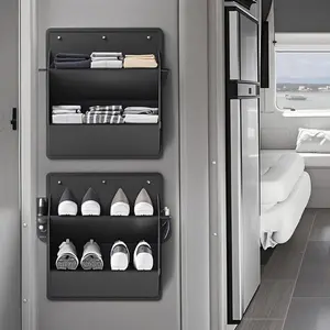 Space-Saving Shoe Organizer with Sticky Adhesive Tape, Over the Door Hanging Storage with Deep Pockets, Compact Closet Organizer for RV, Camper, Narrow Areas, Durable and Lightweight Black Design Metal Paint