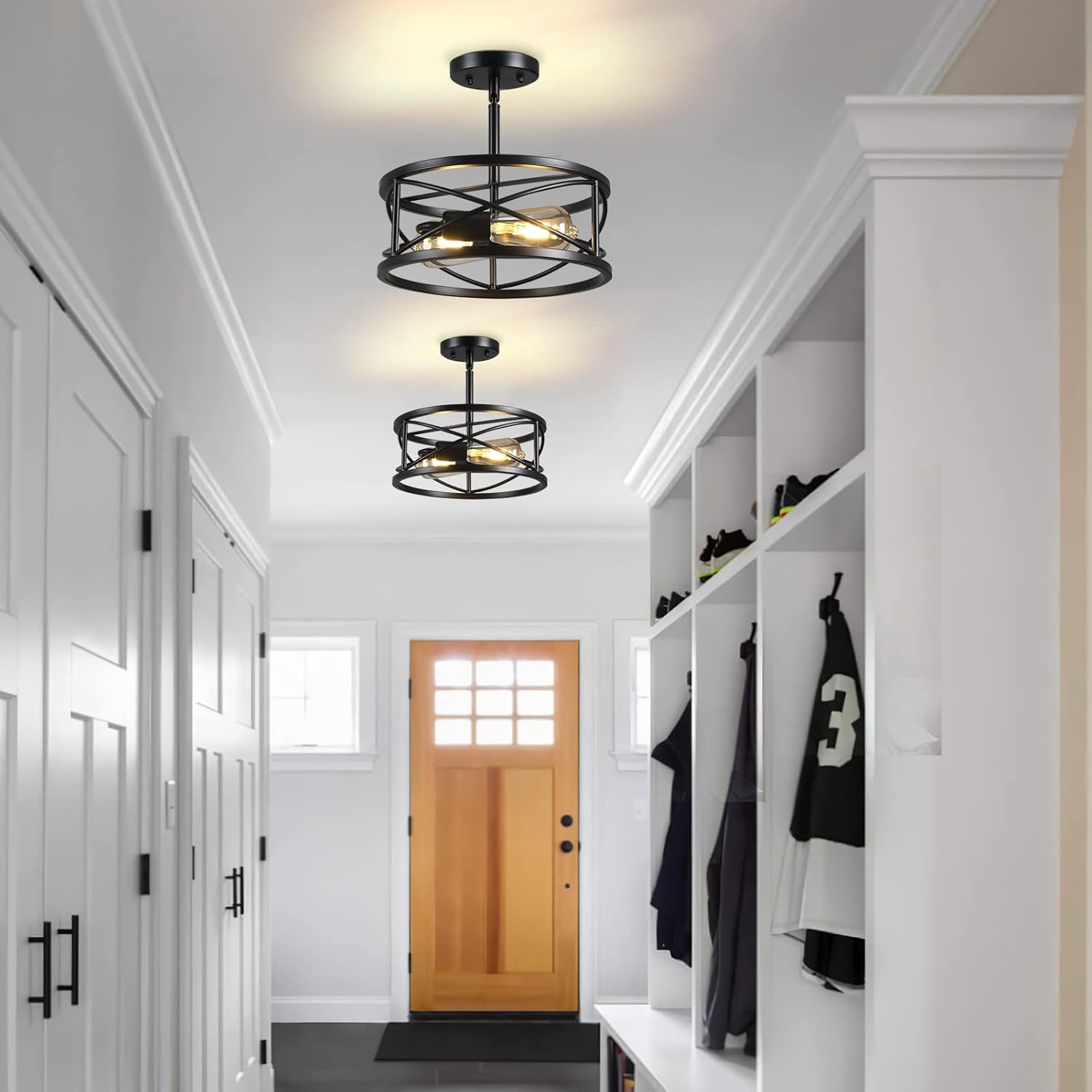 Farmhouse Semi Flush Mount Ceiling Light Fixtures, 11.8" 2-Light Black Industrial Metal Cage Lighting for Hallway Kitchen Entryway Bedroom