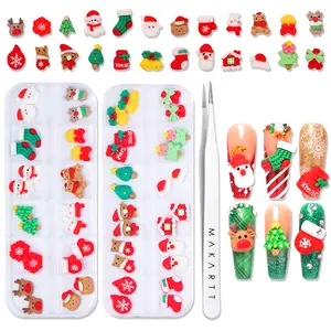 Makartt Christmas Decorations Gift Set 48pcs 3D Nail Charms Art Gems Cartoon Santa Claus Elk Christmas Tree Bells 3D Nail Accessories for Women with Art Tweezer Acrylic Nail Supply for Nail Techs DIY Durable Nail Art