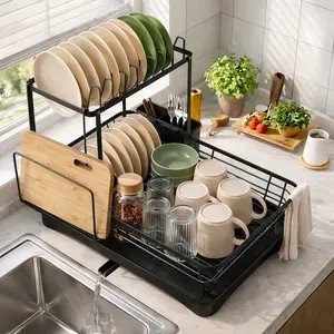 2-Level Dish Drying Rack for Kitchen Countertops, Featuring a Drainboard And Mat, Along with a Holder for Knives, Forks, And Cups. Perfect Gifts for Women And Great Kitchen Gadgets