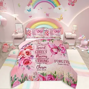 Pink Butterfly Bedding Set,Boho Girly Pink Floral Comforter,Inspirational Quotes Duvet Insert,Bible Verse Colorful Bed Sets