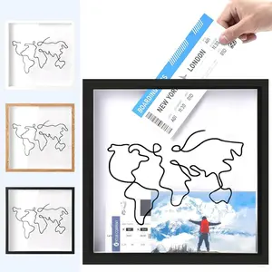 Wooden Storage Box,Couple Travel Flight Ticket Stub Collection , Large Size Adventure Memorial Chest, 12 Inch Travel Keepsake Box, Shadow Box, World Map Design, Creative Wood Frame, 30x30 Cm