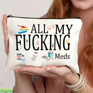Humorous 'all My ' Canvas Pill Organizer Multi-Use Canvas Zipper Pouch,Portable Cosmetic Pouch and Medicine Organizer, Reusable Portable Travel Pouch, Gift, Birthday Present for Women, Daughters, Sisters, Friends Makeup bag beach bag Summervibes