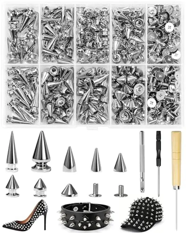 FIVEIZERO 320Pcs Punk Spikes and Studs Kit, 8 Sizes Cone Spikes