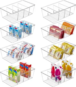8 Pack Food Storage Organizer Bins, Clear Plastic Bins for Pantry, Kitchen, Fridge, Cabinet Organization and Storage, 4 Compartment Holder for Packets, Snacks, Pouches, Spice Packets