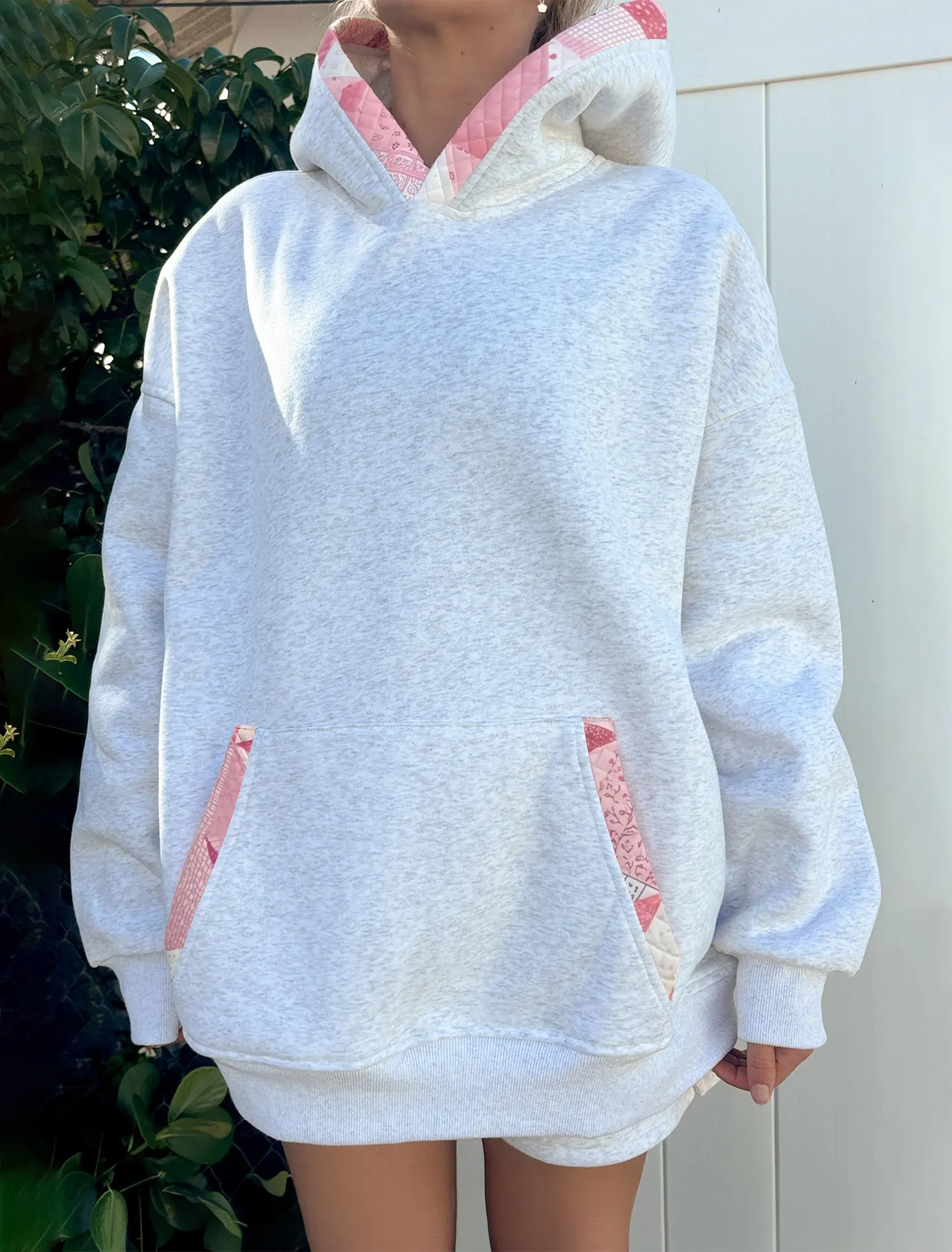 Contrast Patchwork Oversized Hoodie,  Relaxed Shift Silhouette Ensures a Comfortable Fit for All Body Types.