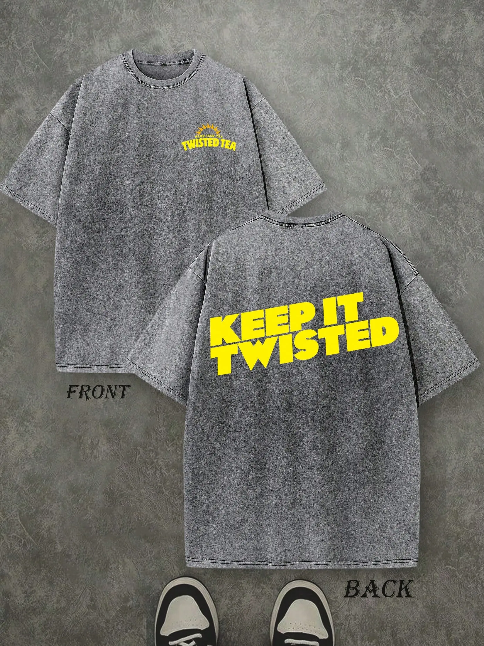 Men's Vintage Washed T-Shirt, "Twisted Teas" Double-Sided Graphic Print, 230g Thick Heavyweight Cotton, Personalized Retro Streetwear Tee, Tshirt, Matching, Classic, Shortsleeve, Breathable, Menswear, Stylish, Fabric, Soft, Round Neck