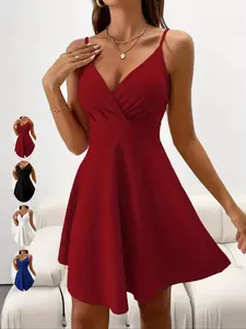 New Arrival Plain V Neck High Waist Slim Fit Dress, Sexy Sleeveless Backless a Line Short Skirt, All Seasons Fashion Chic Elegance Lady Womenswear