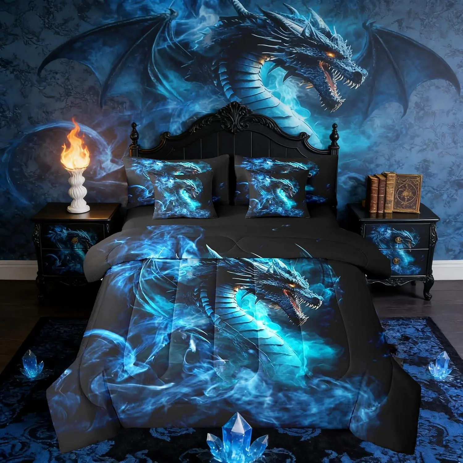 Feelyou 7-Piece 3D Flying Dragon Bedding Set - Black Blue Foggy Bed-in-a-Bag with Breathable Fabric, High-Tenacity Comforter, Sheet Set, Pillow Cases, Multi-Size Western Magical Theme for Kids Boys, Seven Pieces