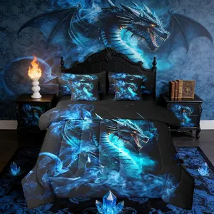 Feelyou 7-Piece 3D Flying Dragon Bedding Set - Black Blue Foggy Bed-in-a-Bag with Breathable Cloth, High-Tenacity Comforter, Sheet Set, Pillow Cases, Multi-Size Western Magical Theme for Kids Boys, Animals