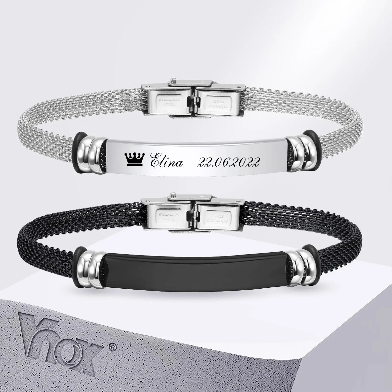 Vnox Free Custom Bracelets for Men, Engraved Stainless Steel Bangle with Mesh Band, Personalized Gift for Him