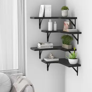 Set of 4 Corner Floating Shelves for Home Decor, Bathroom, Kitchen, Bedroom, Living Room, Office - Rustic Wood Storage Display Wall Shelves (Black)