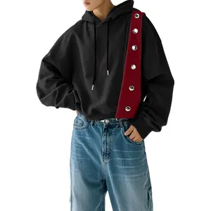 INCERUN Menswear Men's Long Sleeve Hoodie Tops - Oversized Loose Pullover Sweatshirt with Patchwork, Contrast-Color Button Strip Detail