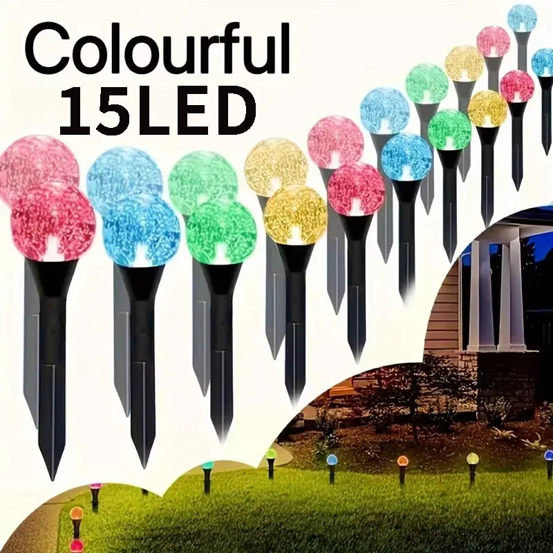 15 LED solar outdoor lights, IP44 rated, small pathway guide lights, colorful path string lights, suitable for paths, camping, parties, weddings, gardens, and shrubbery.