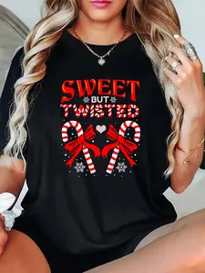 100% Cotton Unisex Sweet But Twisted Candy Cane Christmas Short Sleeve T-Shirt，Autumn Women's T-shirt Christmas Happy Letter Snowflake Fun Pattern