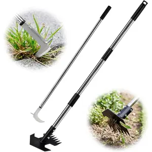 Adjustable 2-in-1 Garden Hoe with Rake & L-Shaped Crack Weeder Set, Stainless Steel Long Handle Weeding Tool for Stand up Soil Prep, Leveling and Yard Cleanup (No Bending Required)