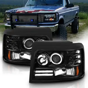 AmeriLite LED Halo Bar Projector Replacement Halogen Car Headlights Set For Ford F150/F250/F350/Bronco - Passenger Right and Driver Left Side, Vehicle Light Assembly, Black