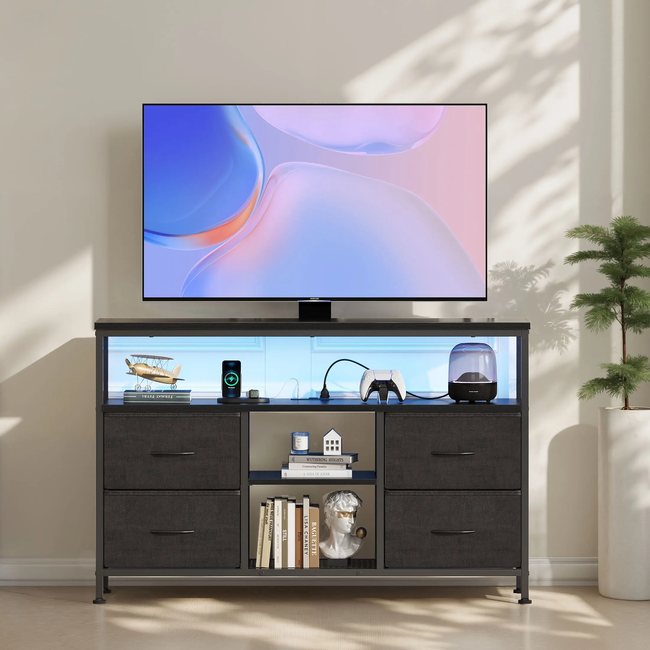 TV Stand Dresser for 50 Inch TV with 4 Fabric Drawers and Power Outlet LED Lights Open Shelves Entertainment Center for Bedroom Living Room Adjustable Feet Media Console Table with Storage for Clothes