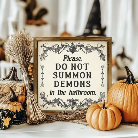 8x8 Inch Funny Dark Humor Rustic Vintage Gothic Wooden Framed, Please Do Not Summon Demons in the Bathroom, Halloween Year-Round Spooky Decor, Vintage Plaque Decor, Decor Signs